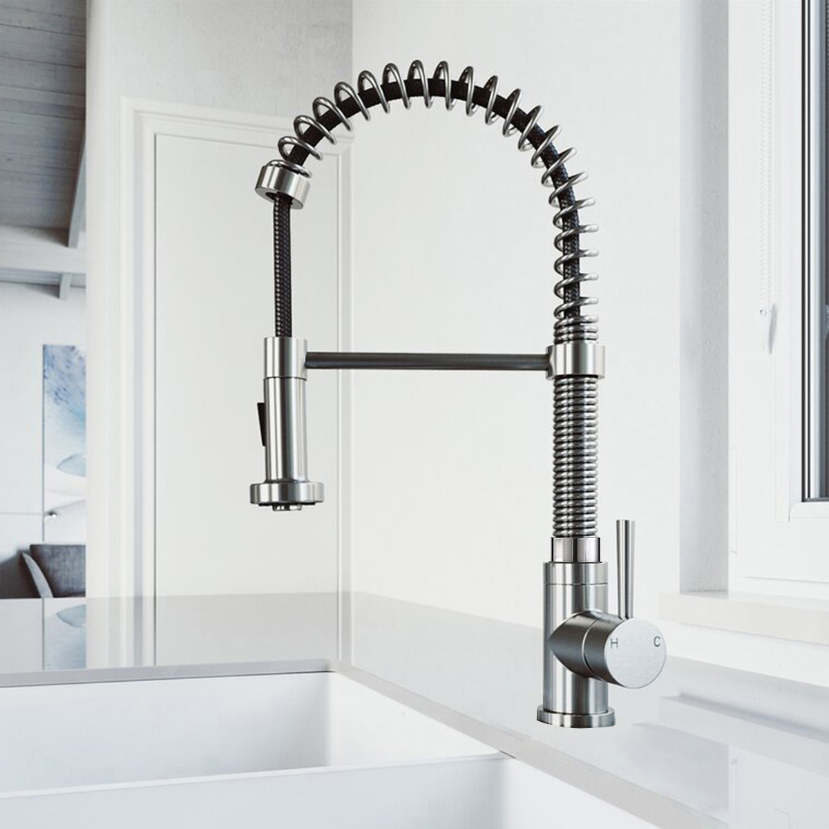 Kitchen Faucets Commercial Solid Brass Single Handle Single Lever Pull Down Sprayer Spring Kitchen Sink Faucet