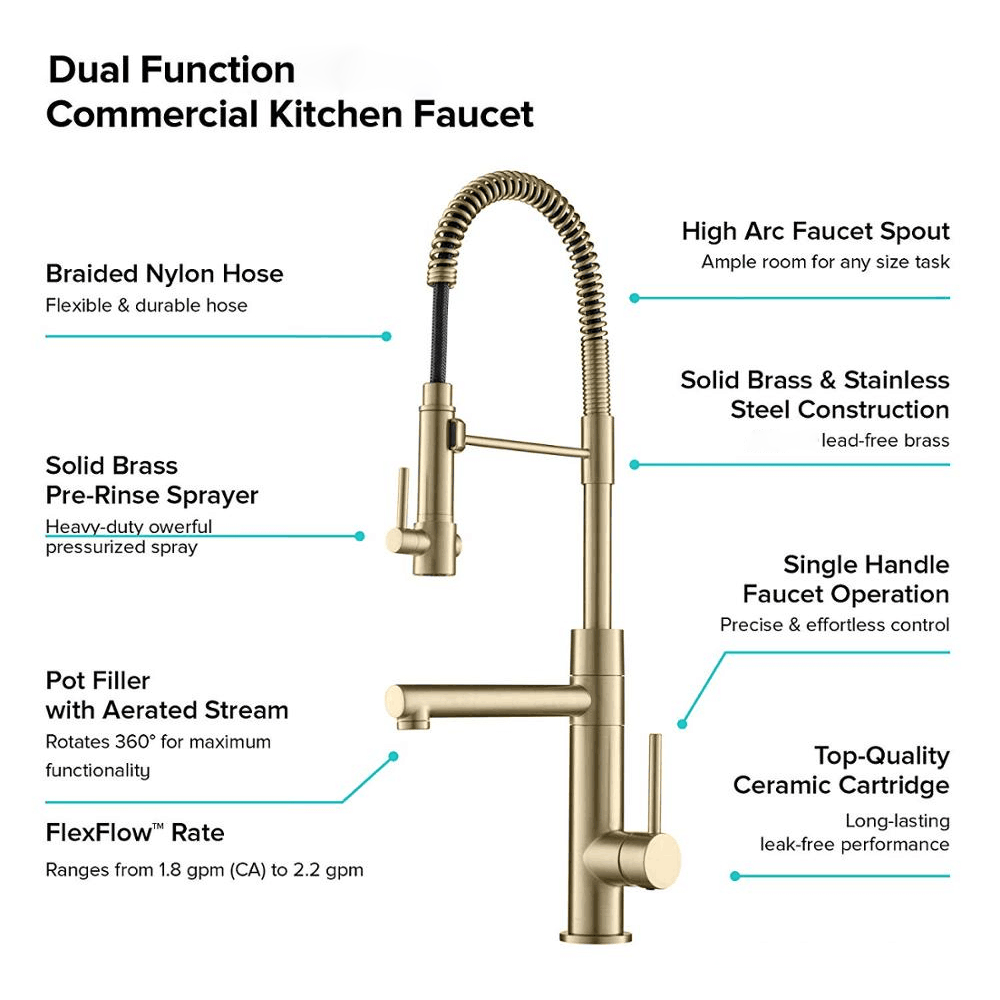 Golden cUPC Kitchen Faucet 360 Swivel Spring Pull Down Dual Outlet Pre-Rinse Spouts Kitchen Mixer with Pot Filler