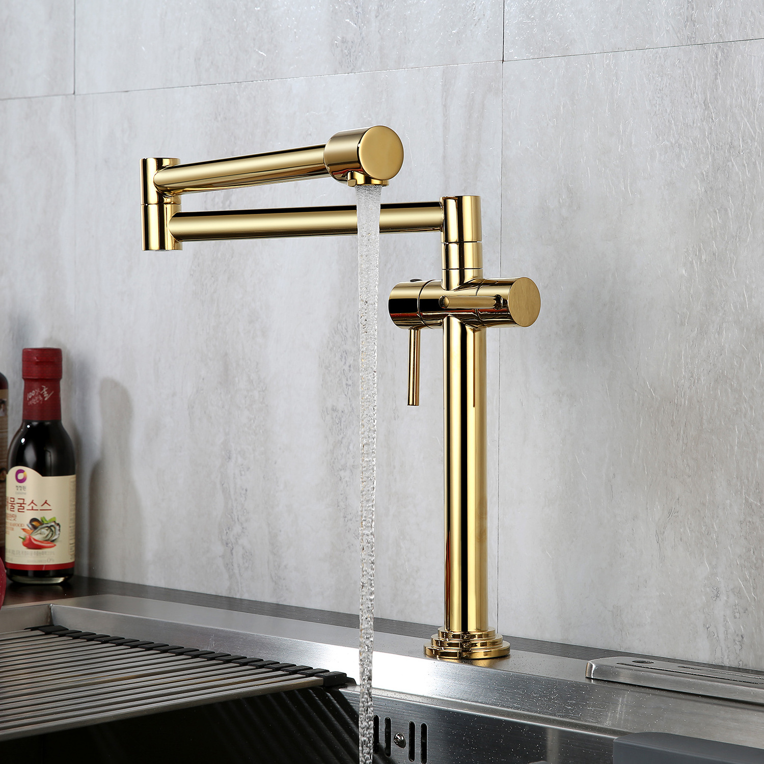 Commercial Double Lever Handle with Dual Joint Swing Arm Sink Faucet Titanium Gold Kitchen Pot Filler Faucet