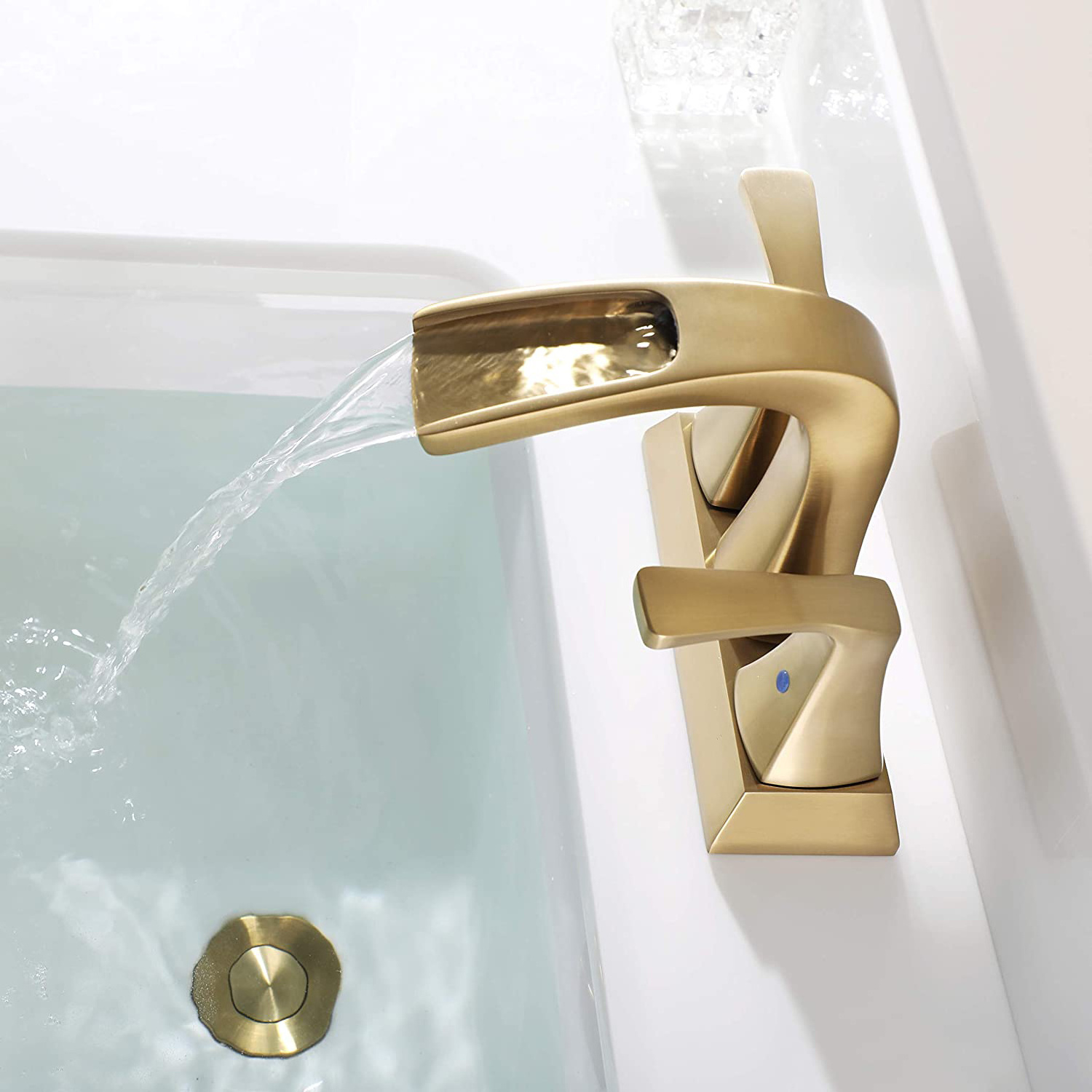 Waterfall Bathroom Faucet Brushed Gold 4 Inch 2 Handle Lead-free Centerset Faucet for Bathroom RV Lavatory