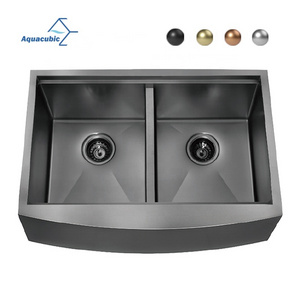 Aquacubic Customized Handmade Apron Farmhouse 304 Stainless Steel double Bowl Sink Kitchen with Ledge