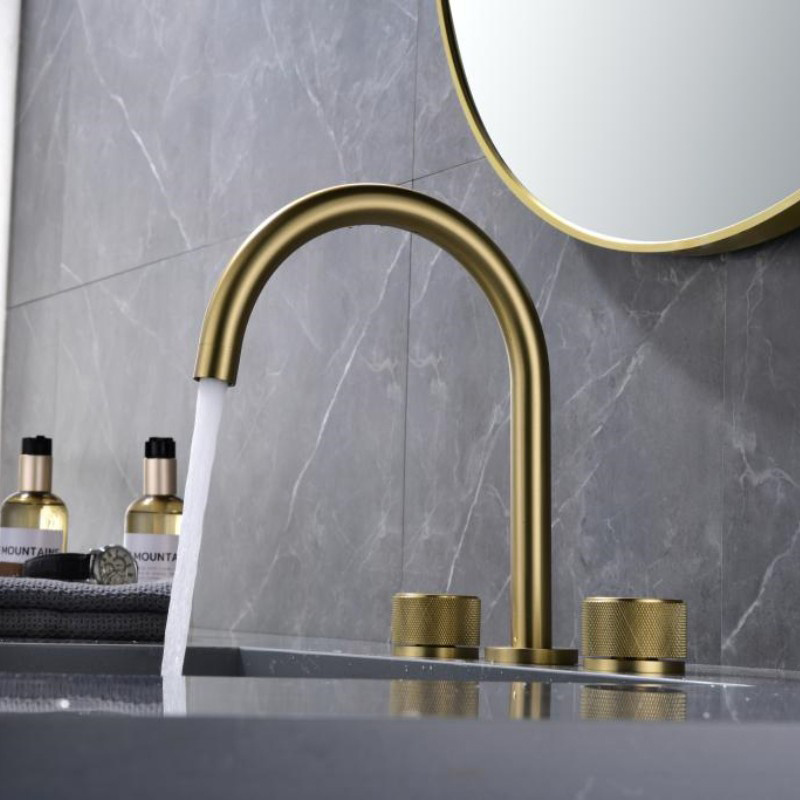 Modern Brass Hotel Deck Mounted Gold Basin Mixer Tap Bathroom Faucet 3 Holes with Round Handle