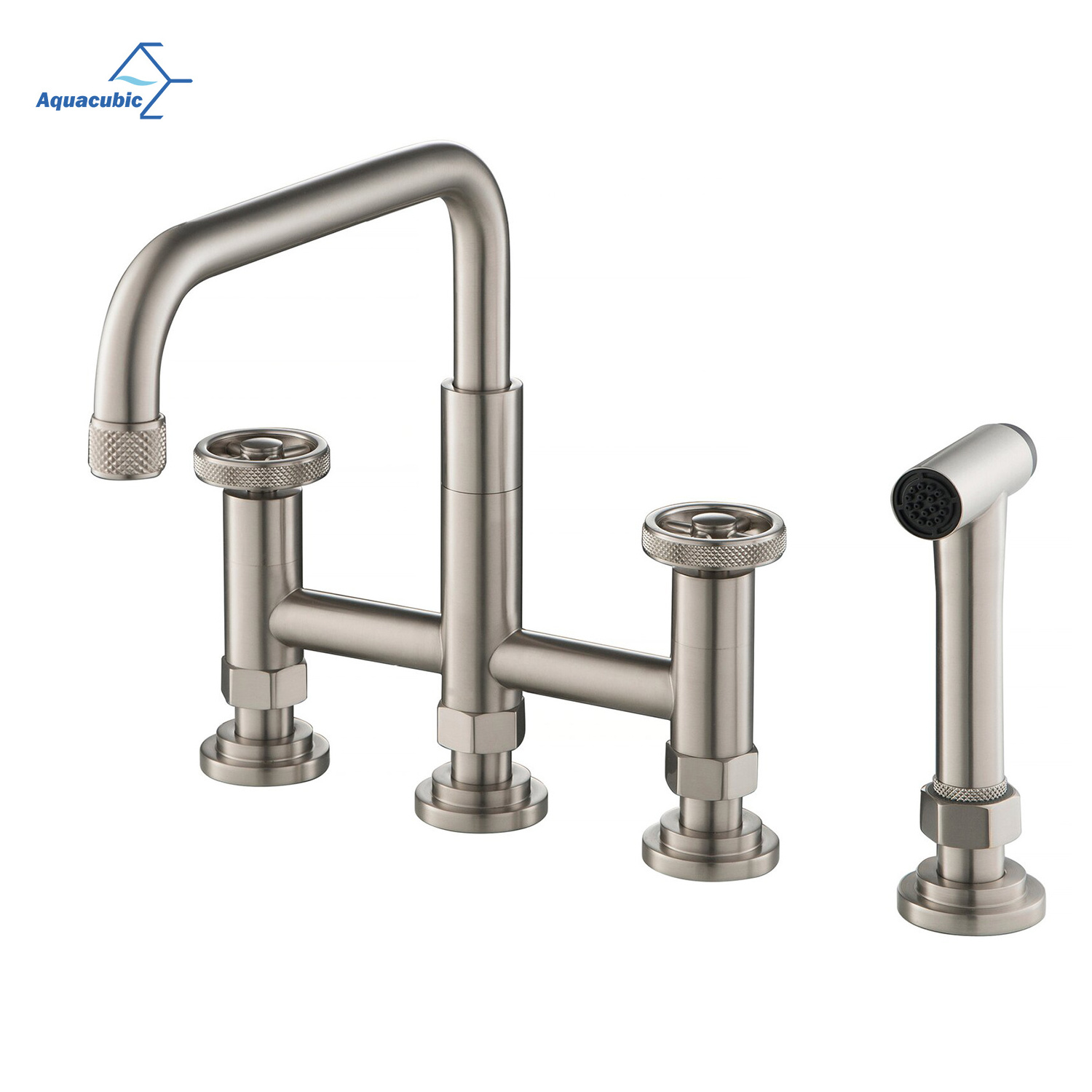 European Heritage Brushed Nickel Kitchen Sink 4 Hole double Handle Bridge Kitchen Faucet Brass with Side Sprayer