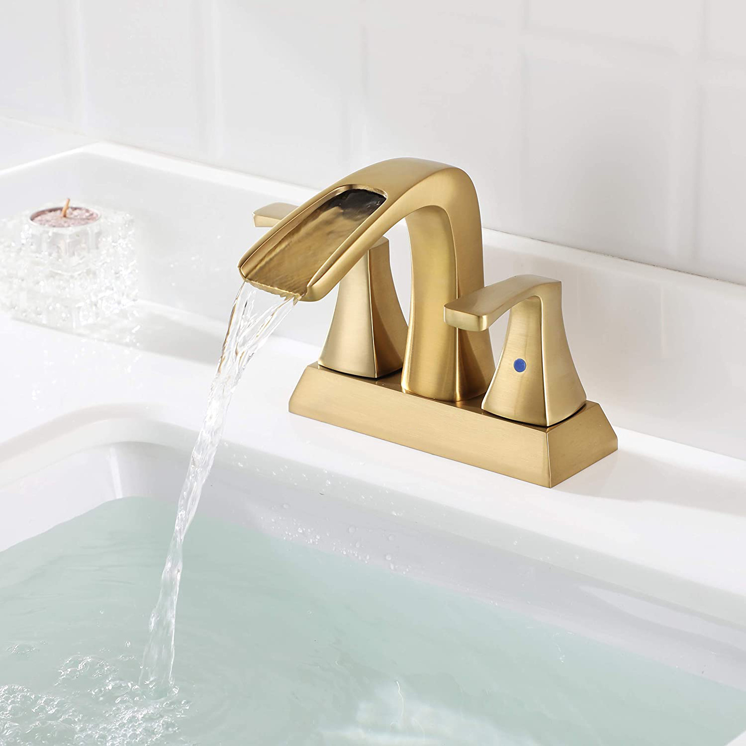 Waterfall Bathroom Faucet Brushed Gold 4 Inch 2 Handle Lead-free Centerset Faucet for Bathroom RV Lavatory