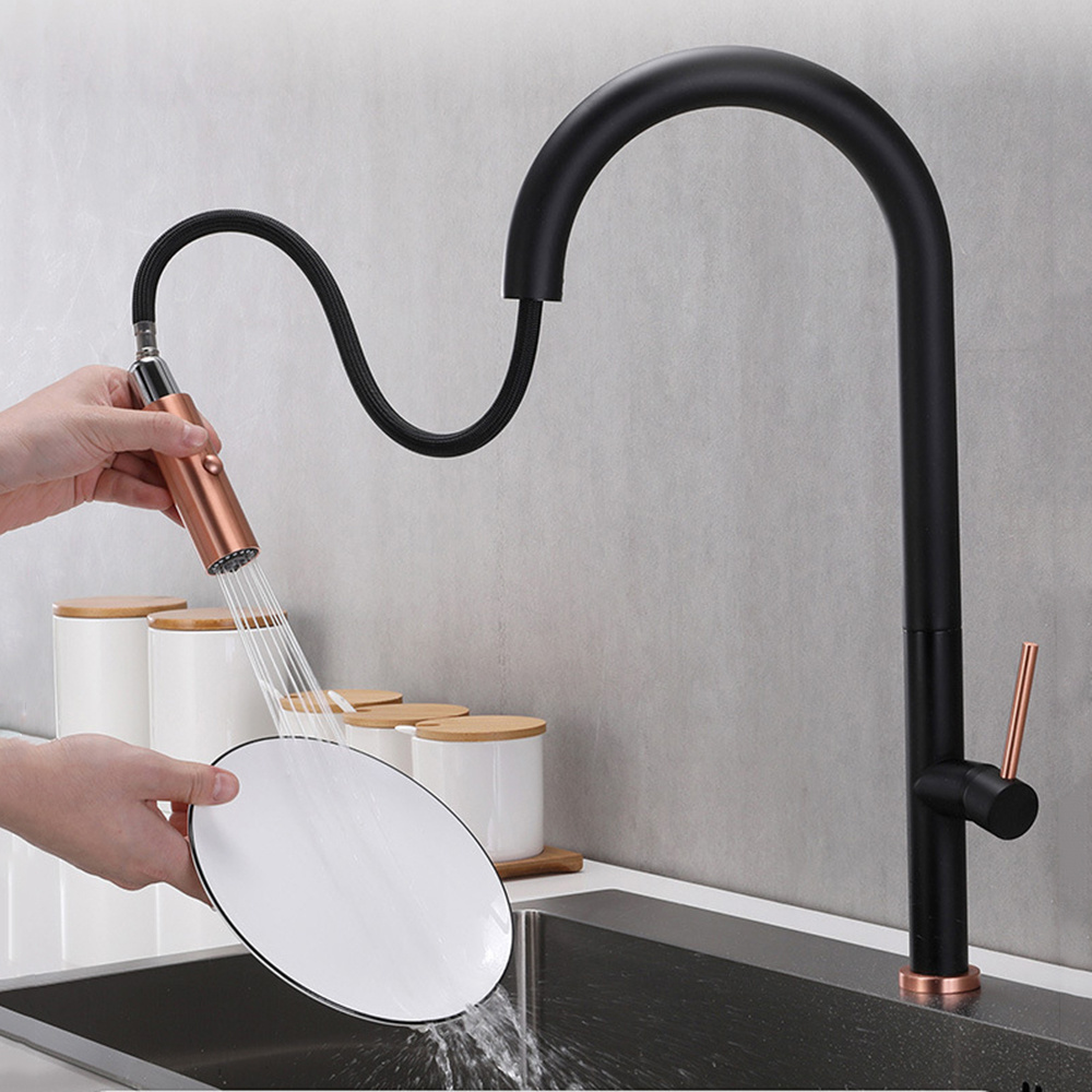 Independent design kitchen elbow faucet single hole brass brushed gold Pull down kitchen faucet