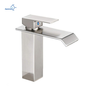 Aquacubic Single Handle Deck Mount Bathroom Faucet Brushed Nickel Waterfall Bath Sink taps