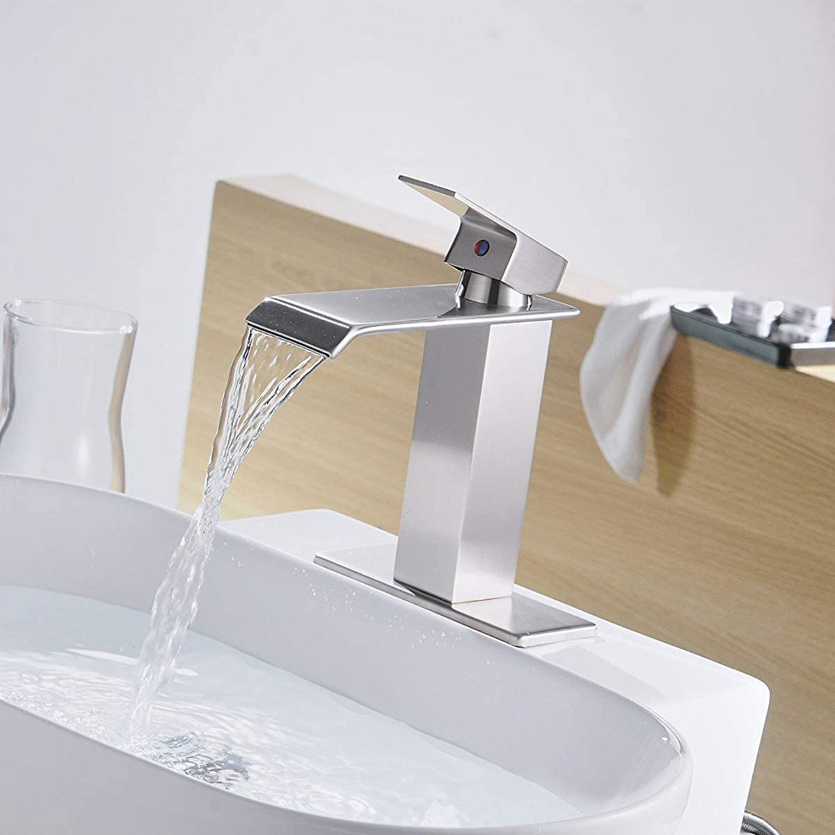 Aquacubic Single Handle Deck Mount Bathroom Faucet Brushed Nickel Waterfall Bath Sink taps