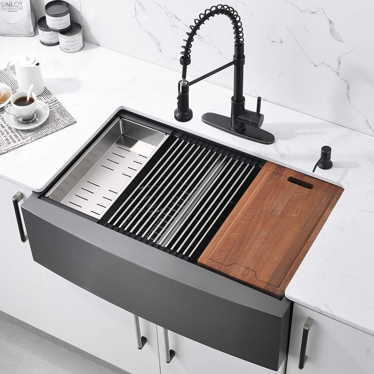 Aquacubic Customized Handmade Apron Farmhouse 304 Stainless Steel double Bowl Sink Kitchen with Ledge