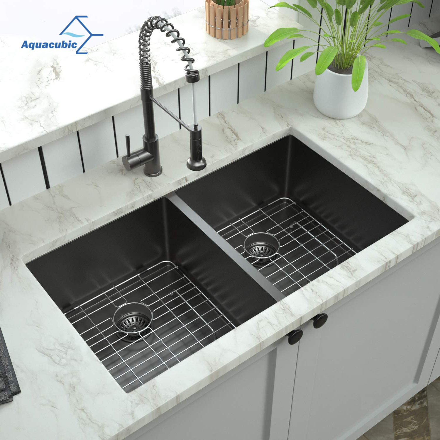 Aquacubic PVD Nano UPC Stainless Steel Double Bowl Handmade Undermount Kitchen Sink