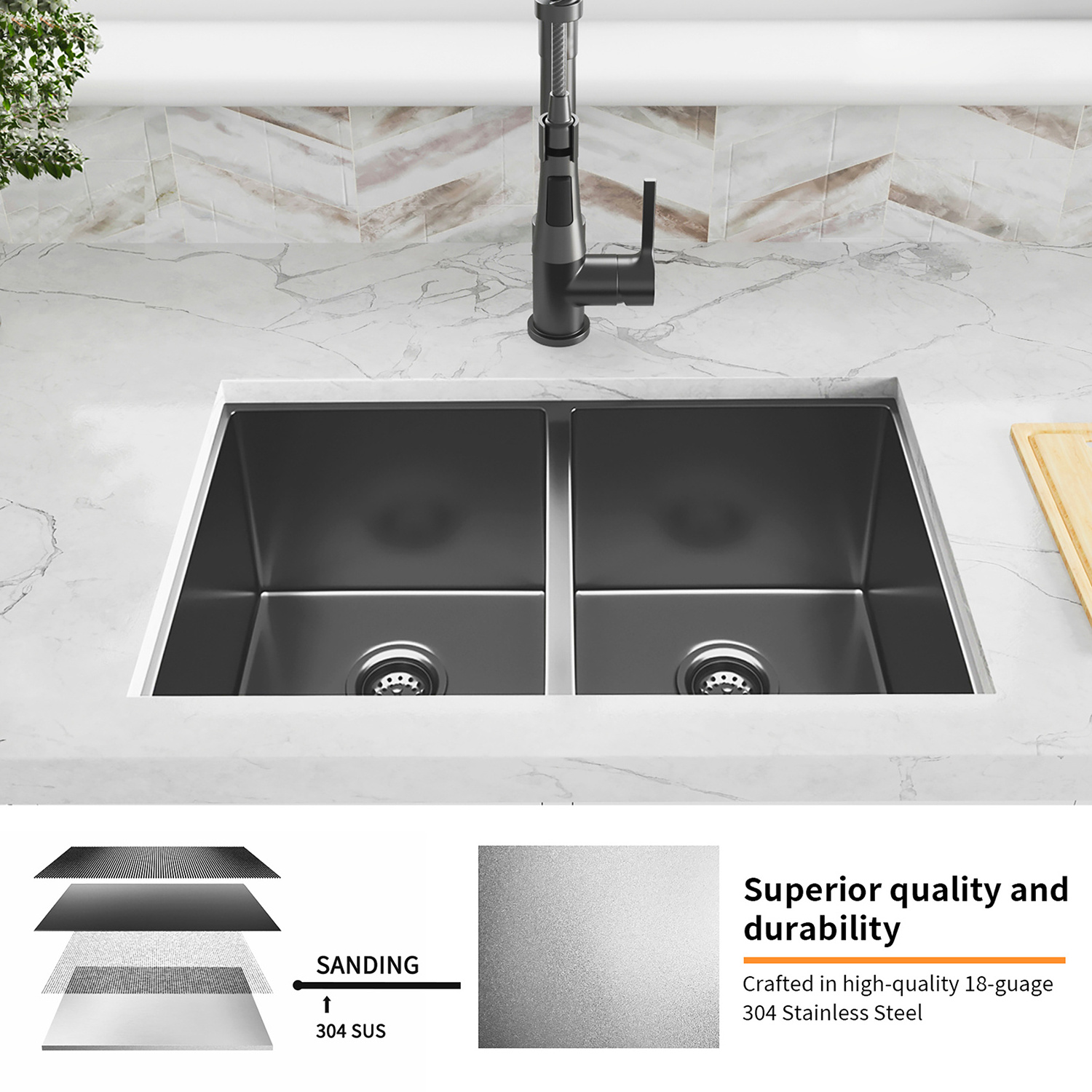 Aquacubic PVD Nano UPC Stainless Steel Double Bowl Handmade Undermount Kitchen Sink