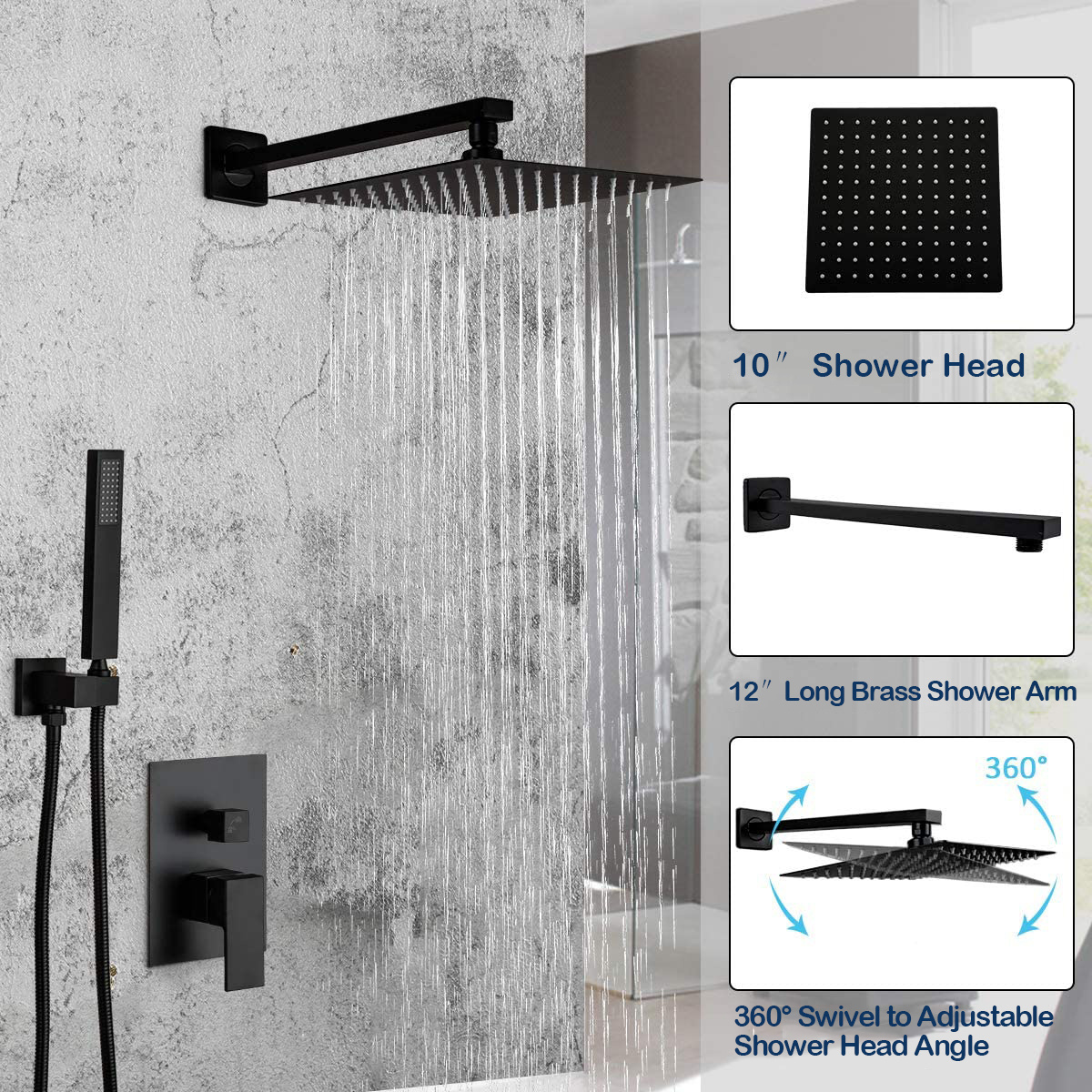 American UPC SS Bathroom hot cold mixer rainfall head diverter system in wall mounted hidden concealed bath shower faucet set