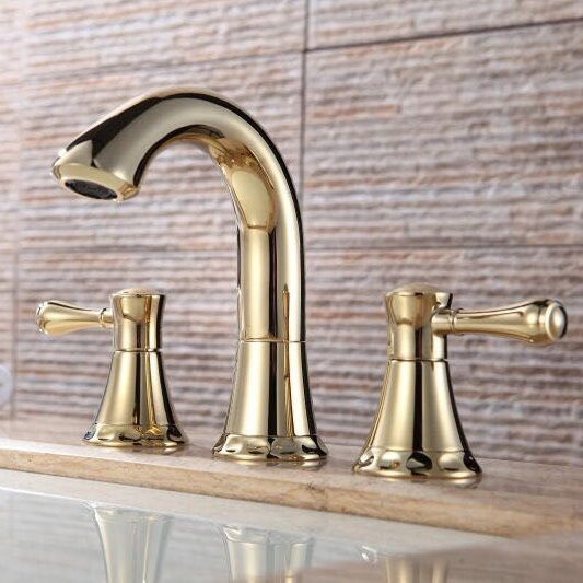 US Standard CUPC Three Holes Deck Mounted Gold Color Brass widespread Bathroom Faucet