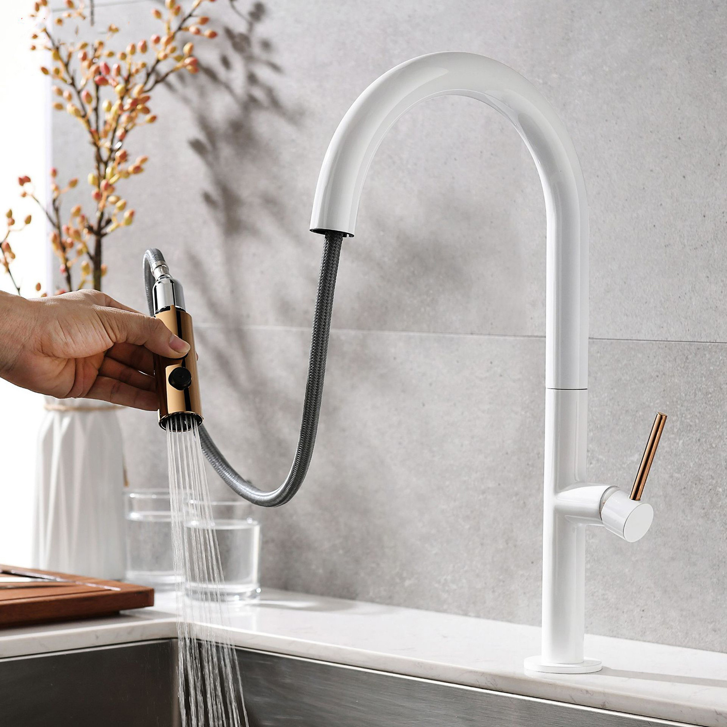 High Arc Low lead UPC certificated white One-Handle kitchen sink faucet with pull down sprayer