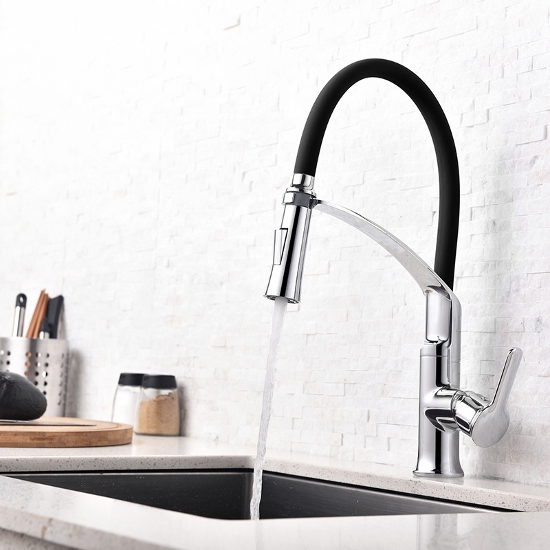 Custom factory Cupc Chrome Flexible Black Color 360 Swivel Rubber Neck Kitchen Faucet