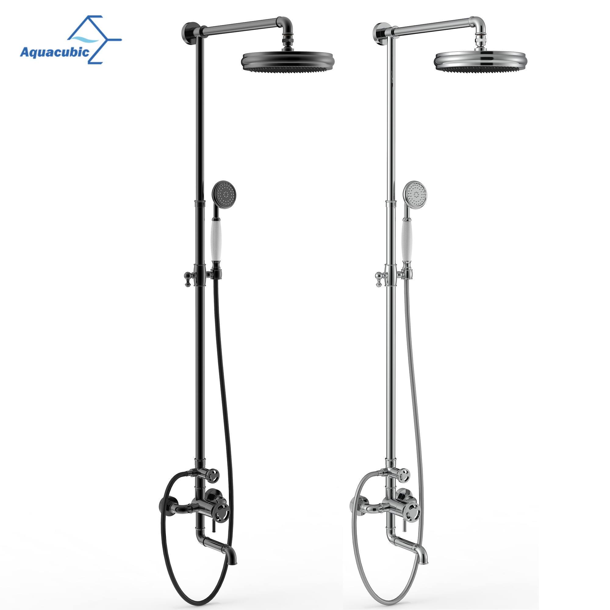 American Wall Mounted Vintage Double Knobs Cross Handle Bathroom Rainfall Shower System Set with 8-Inch Round Head