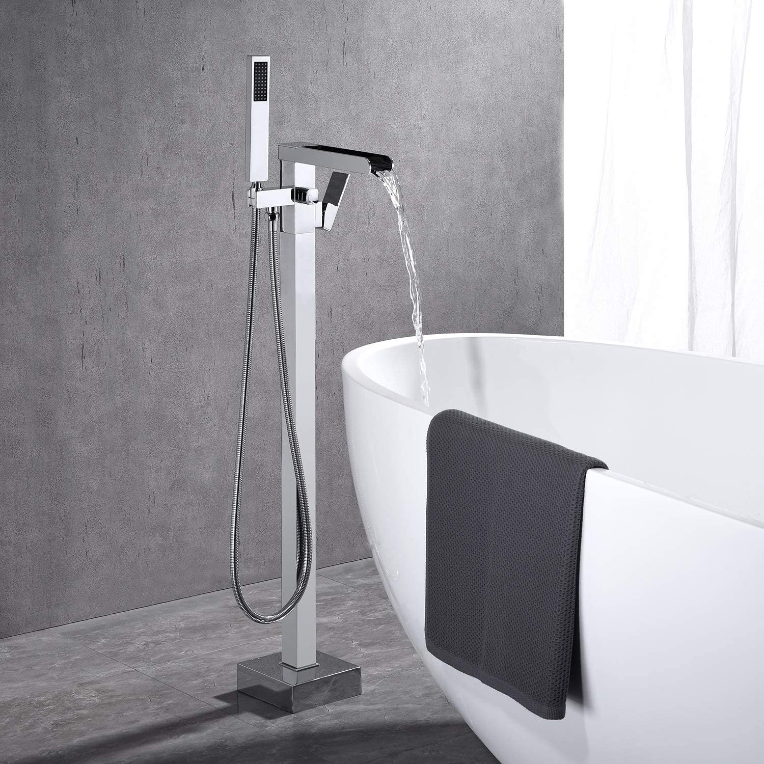 Aquacubic Freestanding Tub Filler Waterfall Bathtub Faucet Floor Mount Brass Bathroom Faucets with Hand Shower