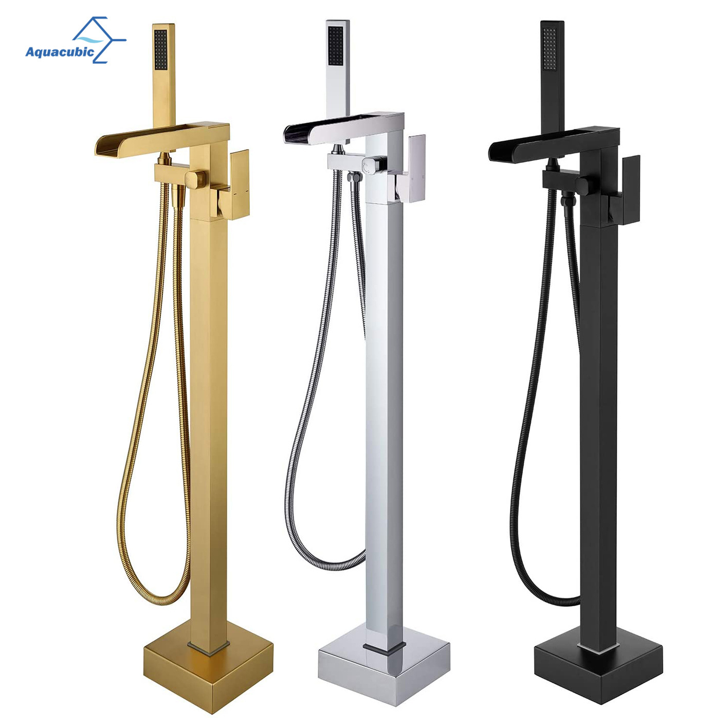 Aquacubic Freestanding Tub Filler Waterfall Bathtub Faucet Floor Mount Brass Bathroom Faucets with Hand Shower