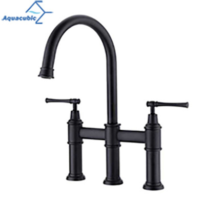 Luxury Classic Gooseneck Swan Bridge 3 Way Widespread Black Kitchen Faucet