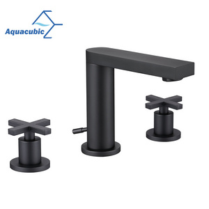 Aquacubic Leadfree Brass Black Widespread Wash Basin Faucet With Cross Handle Bathroom Faucet