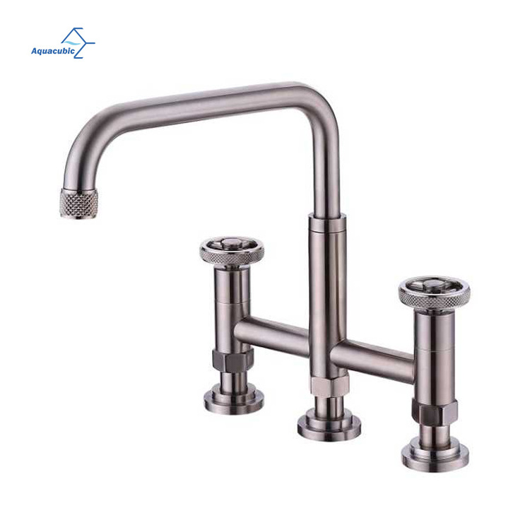 Aquacubic Cupc High Arc brass Bridge Kitchen Faucet With pull out Side Spray