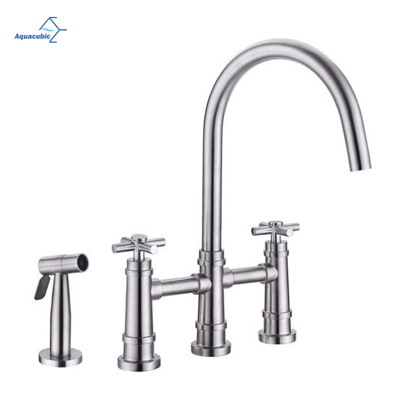 Aquacubic Cupc High Arc brass Bridge Kitchen Faucet With pull out Side Spray