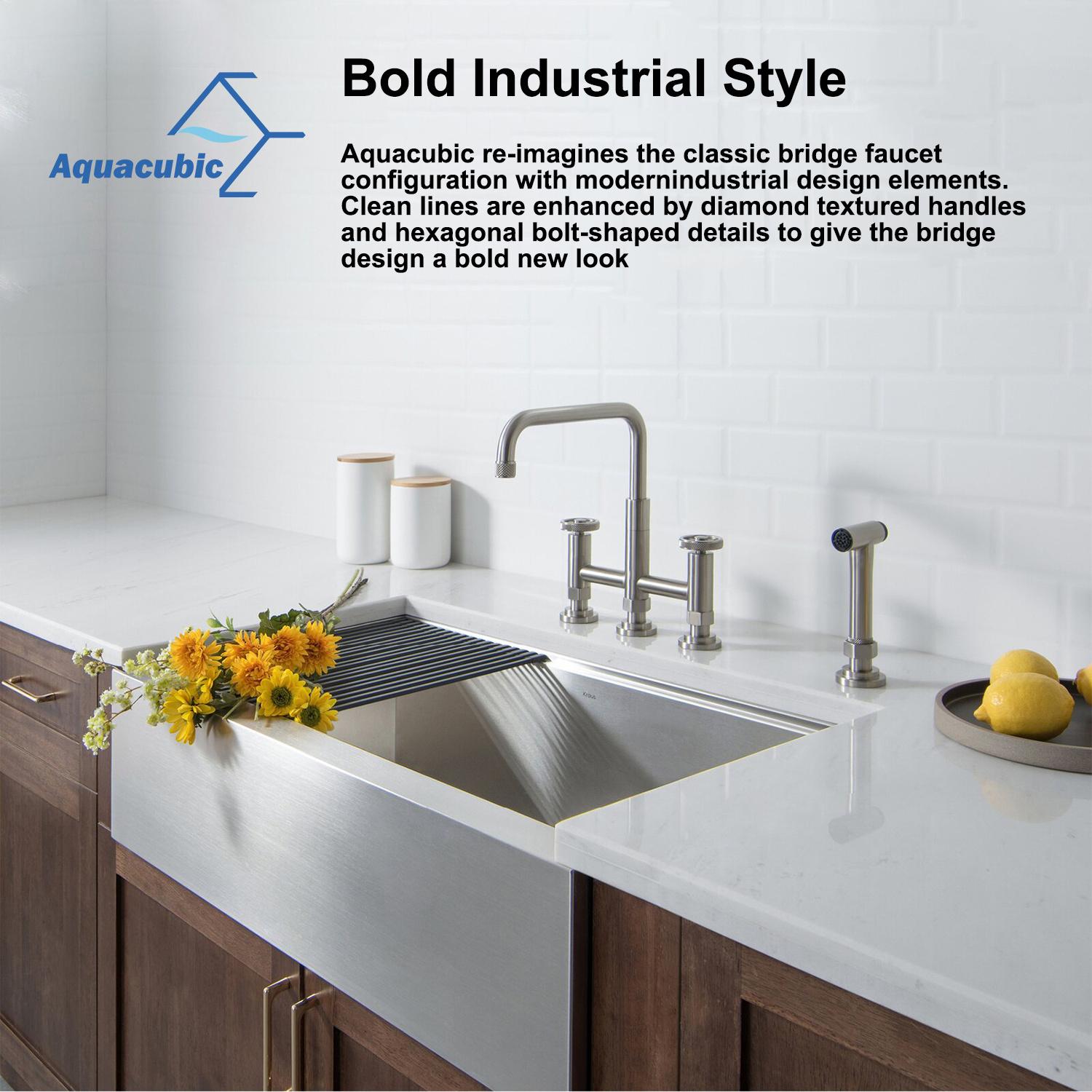 Aquacubic Antique Long Neck Industry Bridge Kitchen Faucet With Side Spray Kitchen Faucet