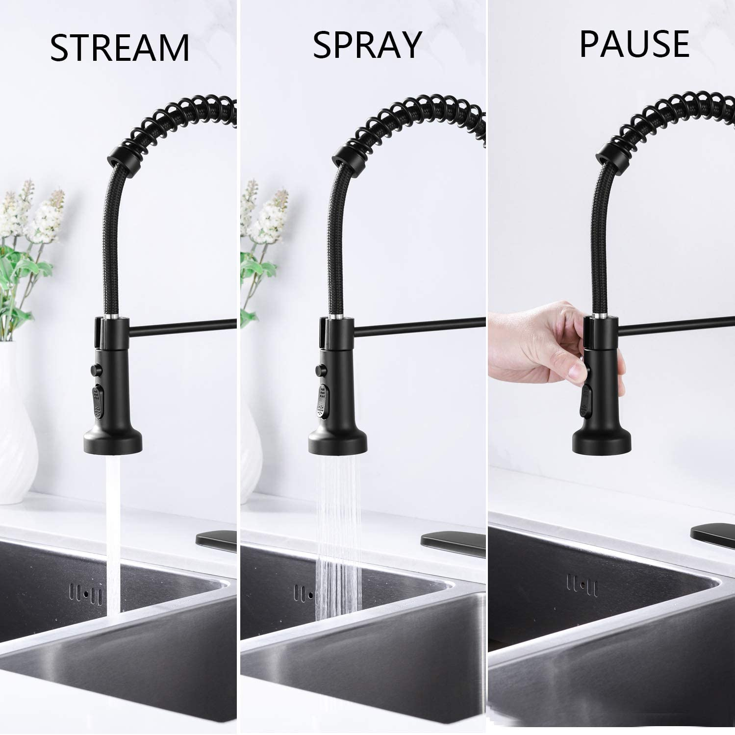 China Factory Aquacubic CUPC Certified Solid Brass Matte Black Pull Down Spring Kitchen Faucet