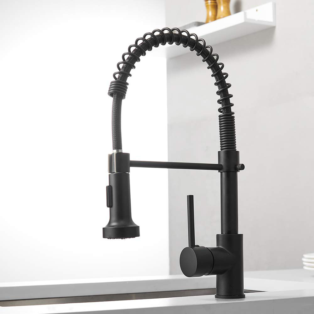 China Factory Aquacubic CUPC Certified Solid Brass Matte Black Pull Down Spring Kitchen Faucet