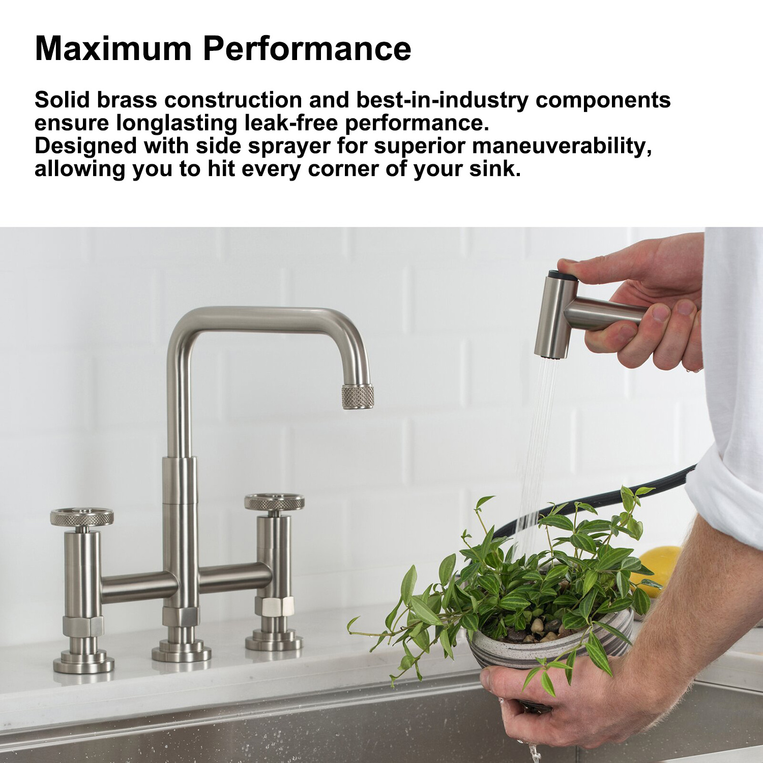 European Heritage Brushed Nickel Kitchen Sink 4 Hole double Handle Bridge Kitchen Faucet Brass with Side Sprayer