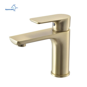 Aquacubic Brushed Gold Lever Handle Single Hole Brass Solid Bathroom Basin Sink Faucet