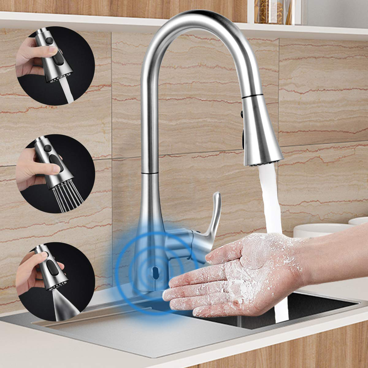 Motion Sensor Activated Smart Hands-Free Automatic Single Handle Brushed Nickel pull out Kitchen Sink Faucet