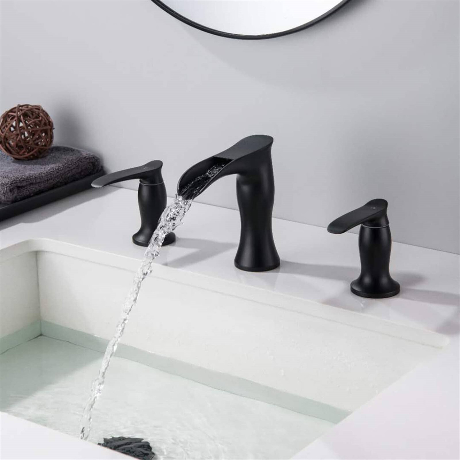 USA Stock 2 Handle 3 Hole Widespread Matte Black Waterfall Bathroom Faucet 8 inch Vanity Sink Faucet