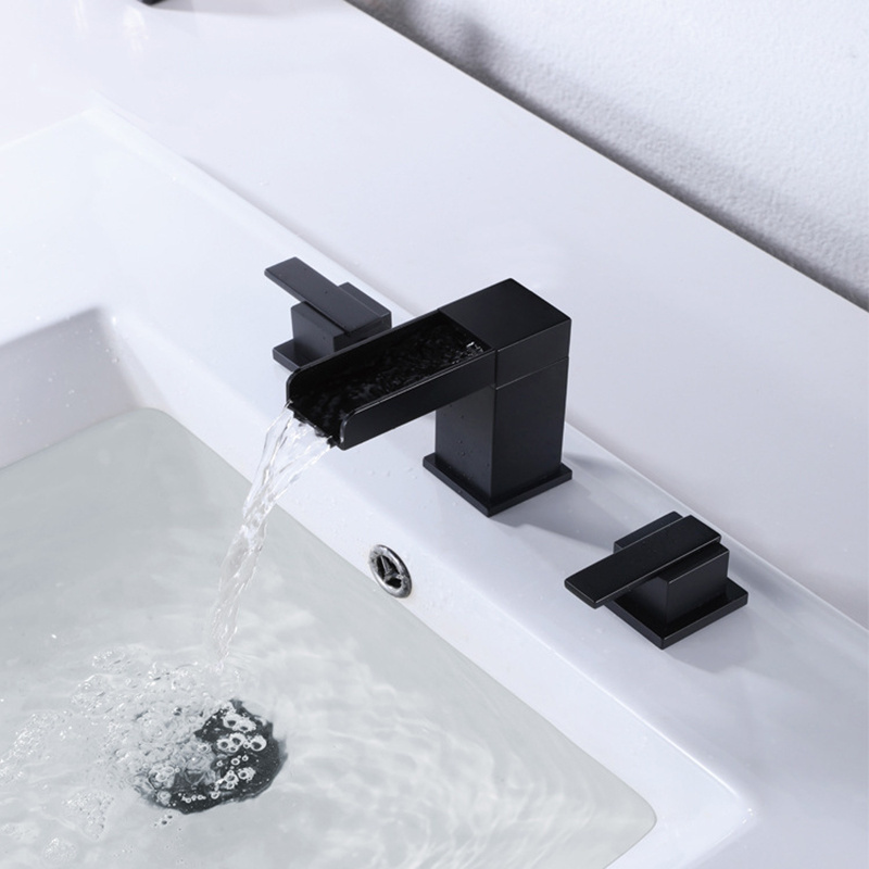 Aquacubic 3 Hole Matte Black 8 inch Widespread waterfall Bathroom Sink Faucet