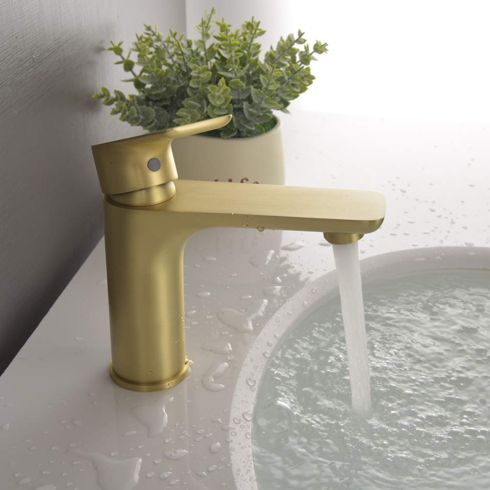 Aquacubic Brushed Gold Lever Handle Single Hole Brass Solid Bathroom Basin Sink Faucet