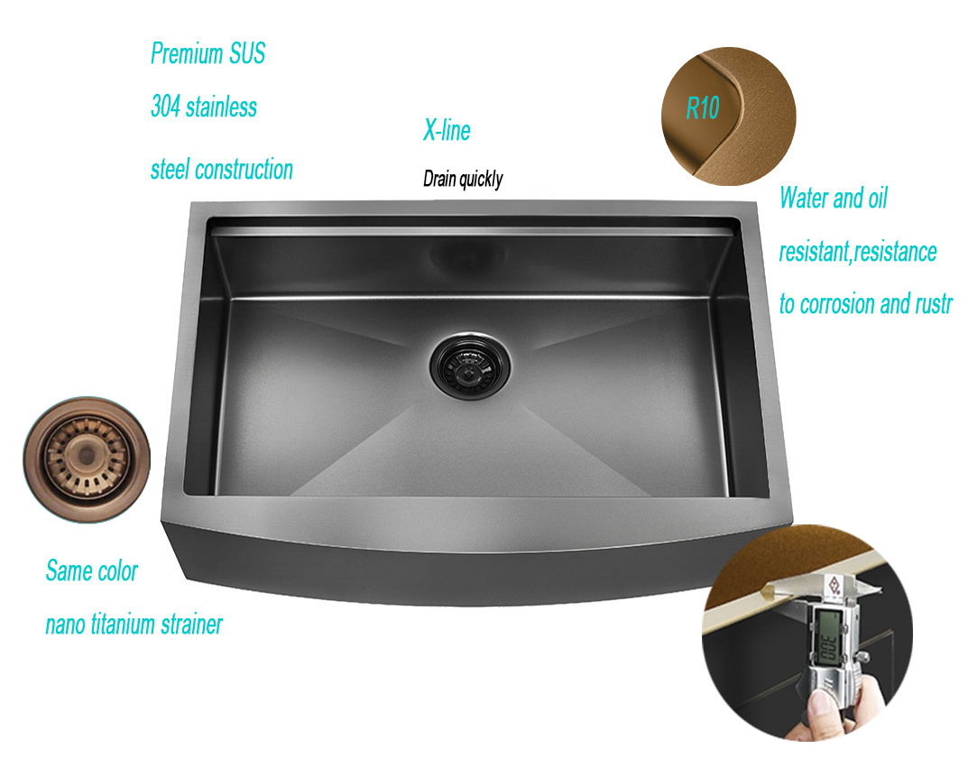 Luxury 16 Gauge Gunmetal Black 304 Stainless Steel Apron Front kitchen sink with ledge