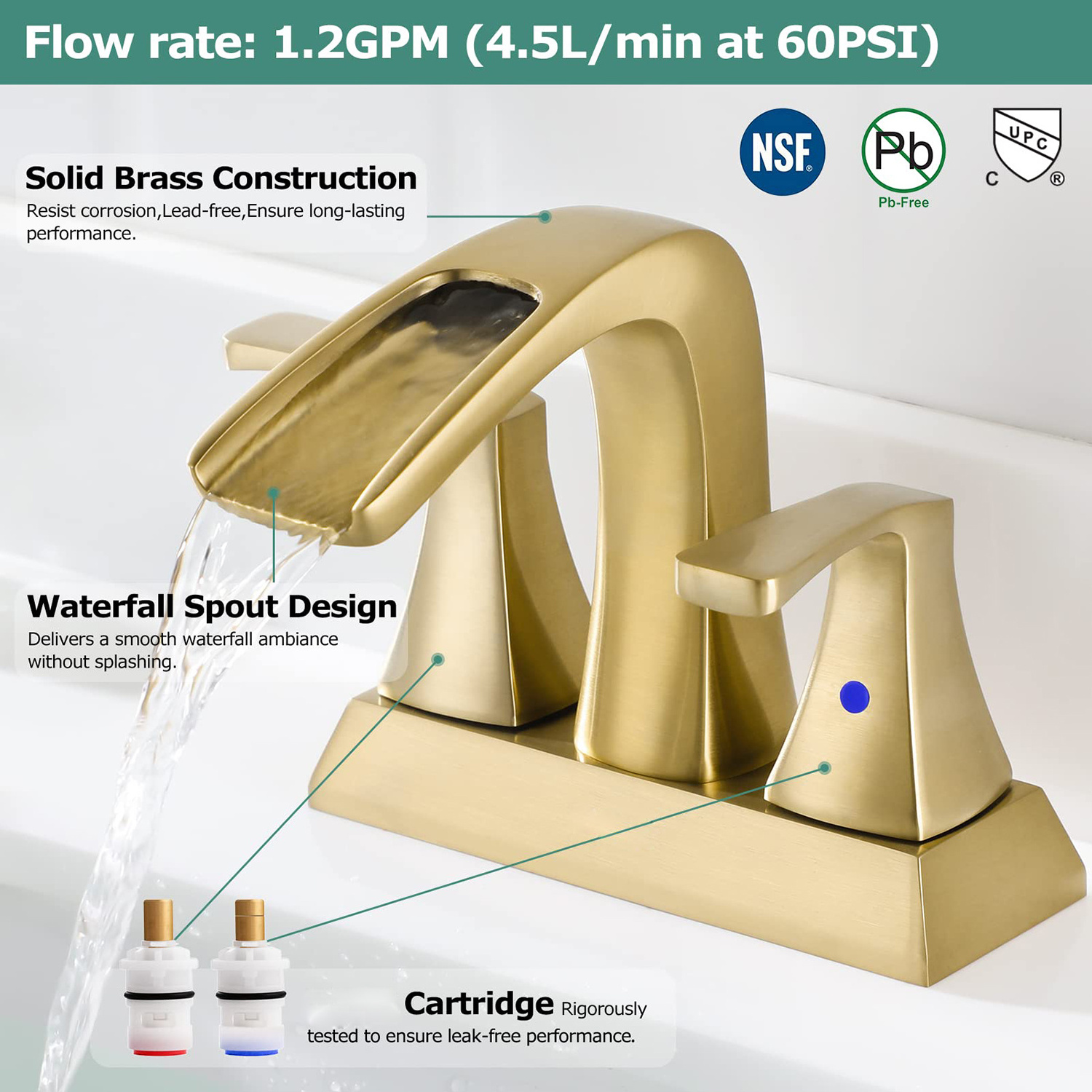 Waterfall Bathroom Faucet Brushed Gold 4 Inch 2 Handle Lead-free Centerset Faucet for Bathroom RV Lavatory