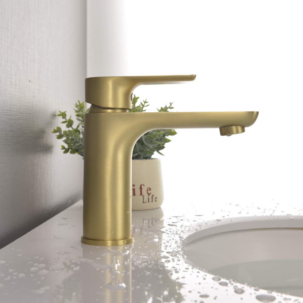 Aquacubic Brushed Gold Lever Handle Single Hole Brass Solid Bathroom Basin Sink Faucet