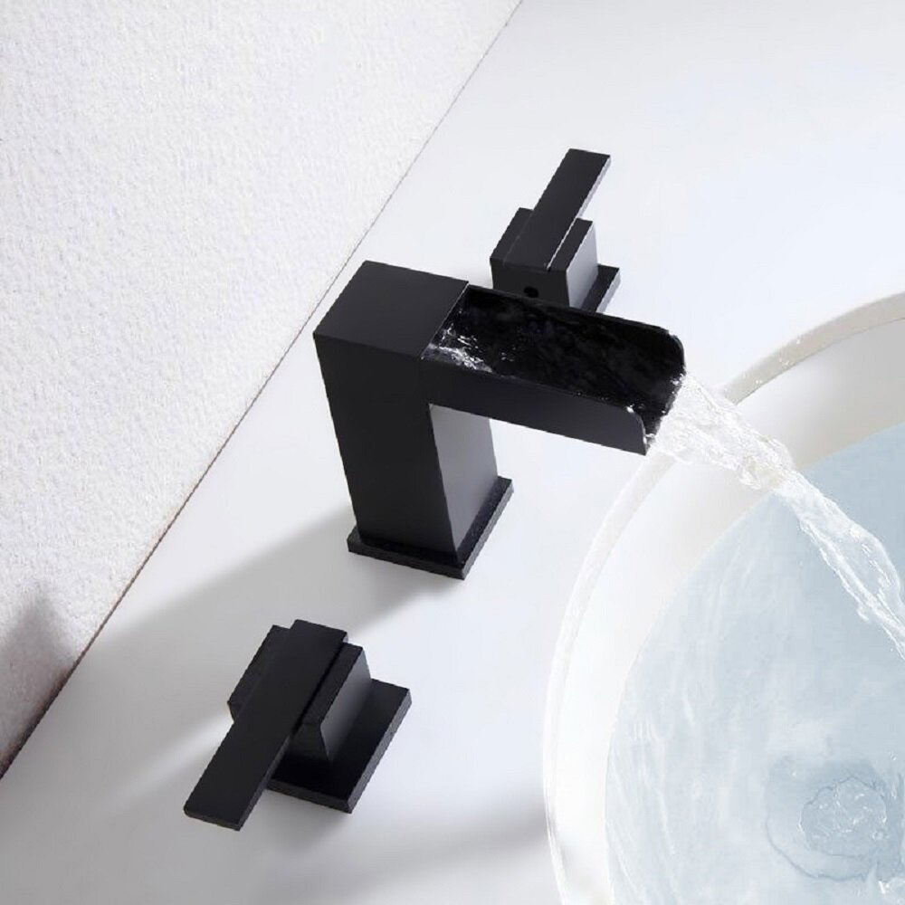 Aquacubic 3 Hole Matte Black 8 inch Widespread waterfall Bathroom Sink Faucet