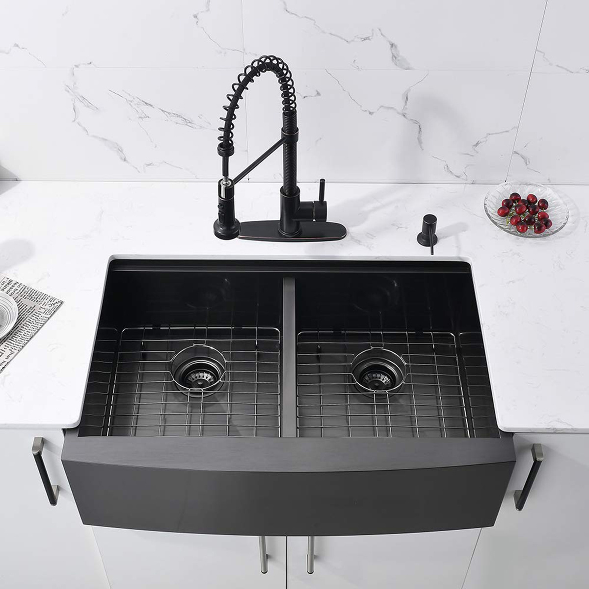 Aquacubic Customized Handmade Apron Farmhouse 304 Stainless Steel double Bowl Sink Kitchen with Ledge