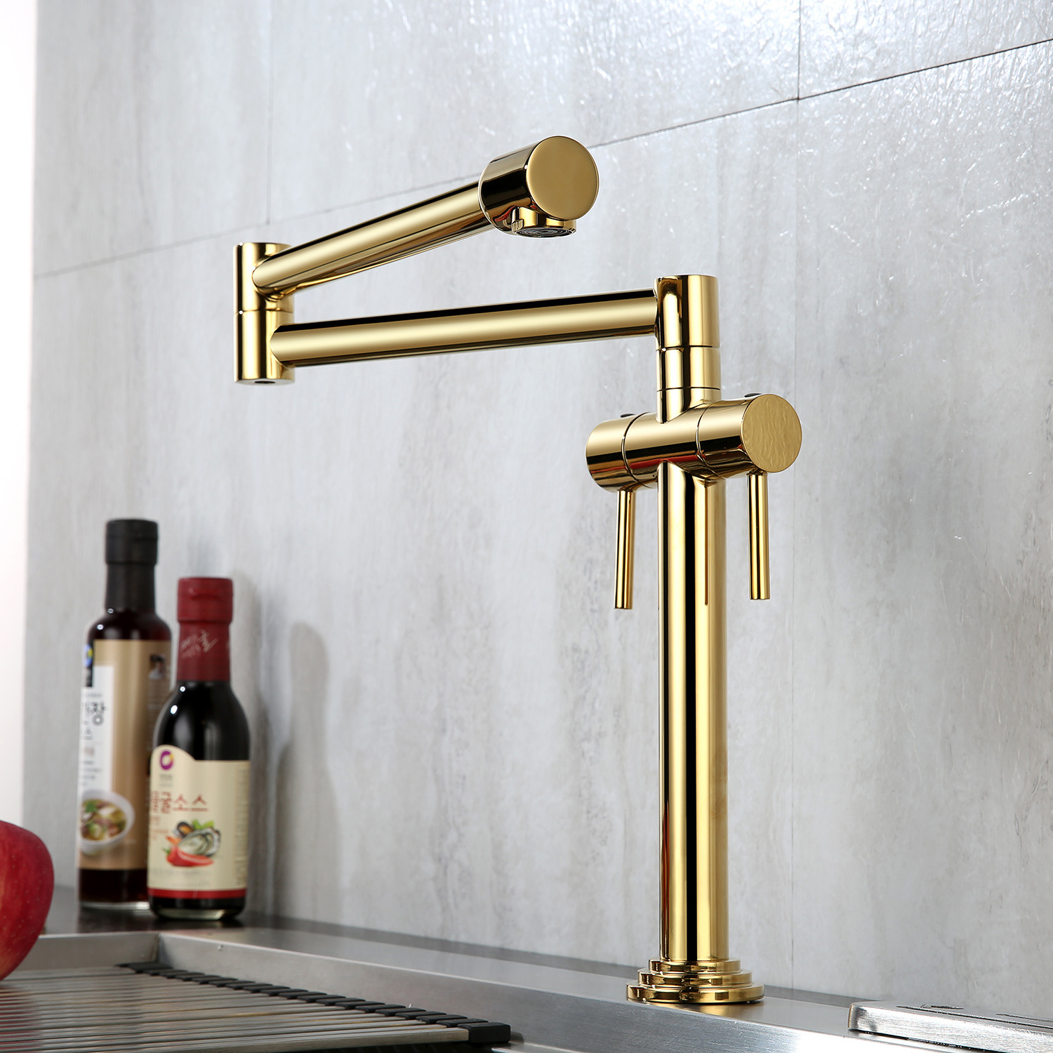 Commercial Double Lever Handle with Dual Joint Swing Arm Sink Faucet Titanium Gold Kitchen Pot Filler Faucet