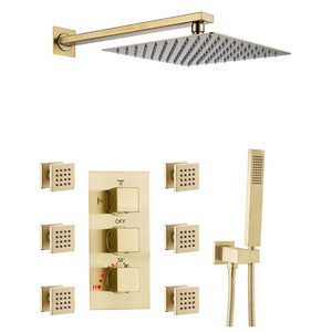 Luxury Brushed Gold Finish Brass In-Wall Shower Set Back Jet Spout Thermostatic Shower Faucet