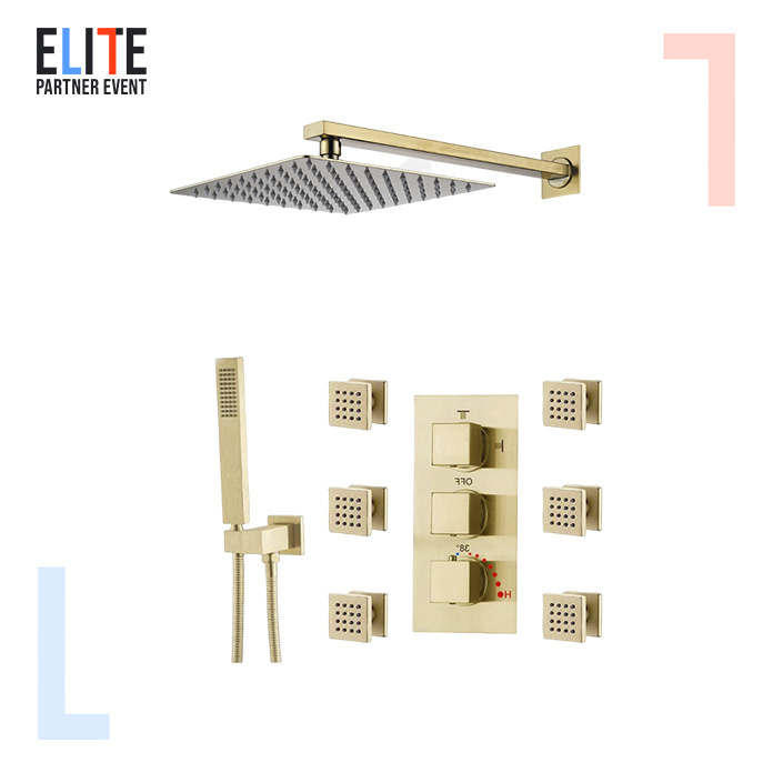 Luxury Brushed Gold Finish Brass In-Wall Shower Set Back Jet Spout Thermostatic Shower Faucet