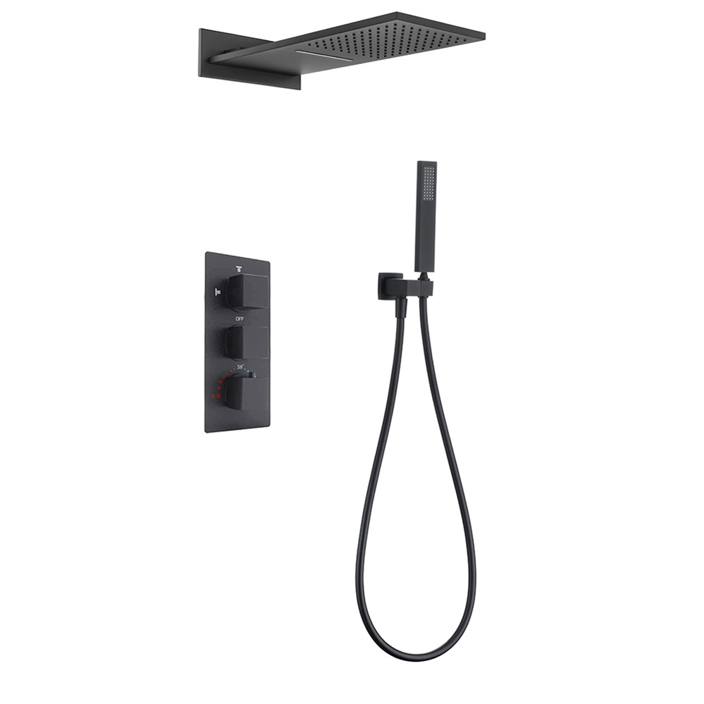 Matte Black Color Brass Thermostatic Bathroom Shower Faucet Mixer And Rain Shower With Back Massage