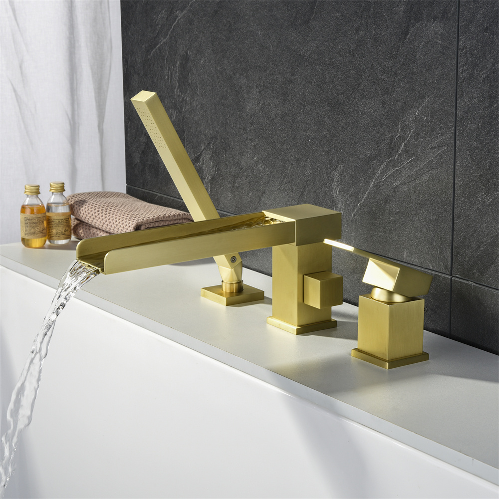 Bathtub Faucet Shower Mixer 3 Hole Brushed Gold Finished Faucet Tap Bathtub Faucet With Hand Shower