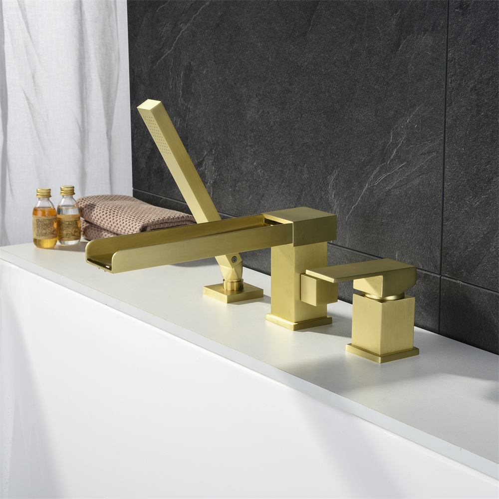 Bathtub Faucet Shower Mixer 3 Hole Brushed Gold Finished Faucet Tap Bathtub Faucet With Hand Shower