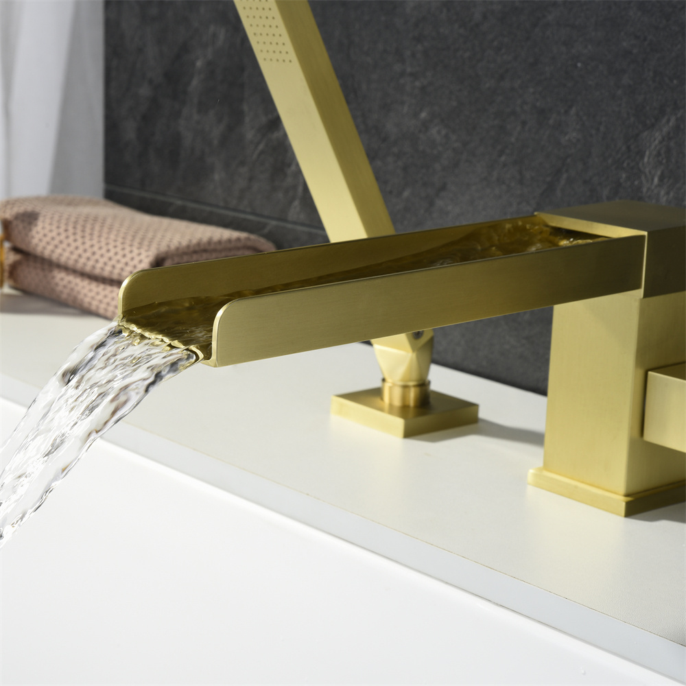 Bathtub Faucet Shower Mixer 3 Hole Brushed Gold Finished Faucet Tap Bathtub Faucet With Hand Shower