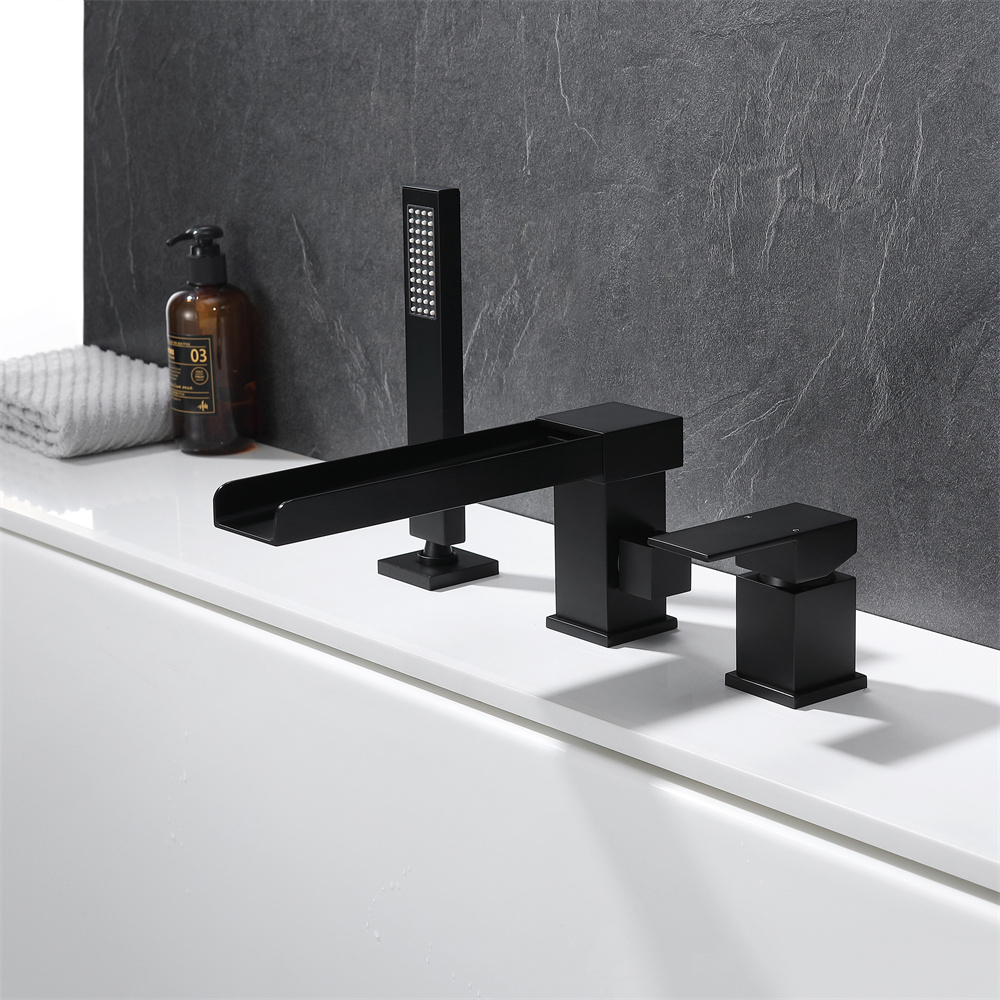 3-hole Modern Design Deck Mounted Matt Black Finished Bathroom Brass Bathtub Mixer Faucet For Hotel