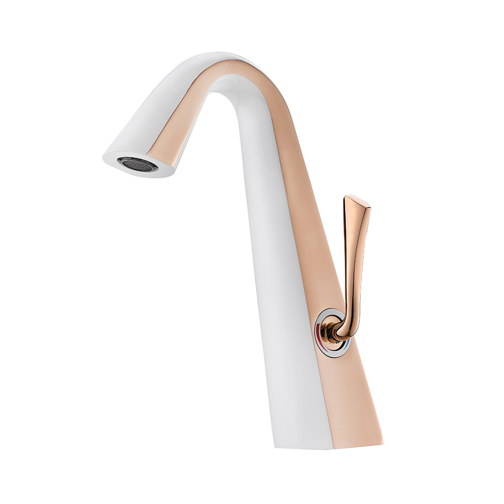 Fancy Wash Faucet Deck Mounted Single Hole Hot Cold Water Wash Sink Mixer Rose Gold White Finish Brass Basin Faucet