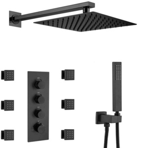 Modern Black Finish Brass In-Wall Shower Set Thermostatic Shower Mixer