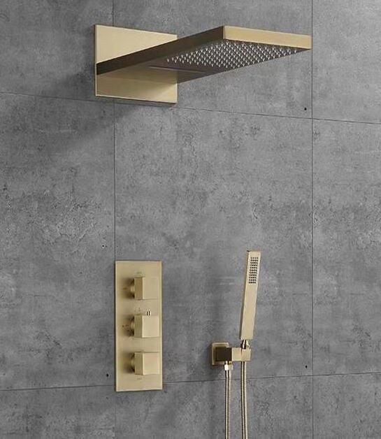 Modern Black Finish Brass In-Wall Shower Set Thermostatic Shower Mixer